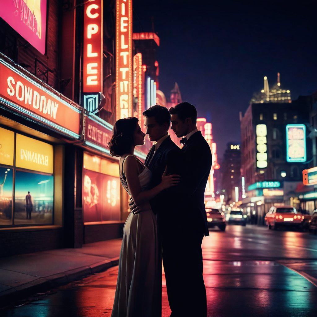 A sophisticated, elegant blend of classic cinema and modern digital artistry, featuring a vintage film reel intertwining with vibrant neon lights, symbolizing the evolution of adult films. Include subtle silhouettes of diverse couples expressing intimacy in a tasteful manner, with a backdrop of film sets and soft-focus cityscapes. The color palette should be warm and inviting, highlighting passion and sensuality. super-realistic. vibrant colors. cinematic style.